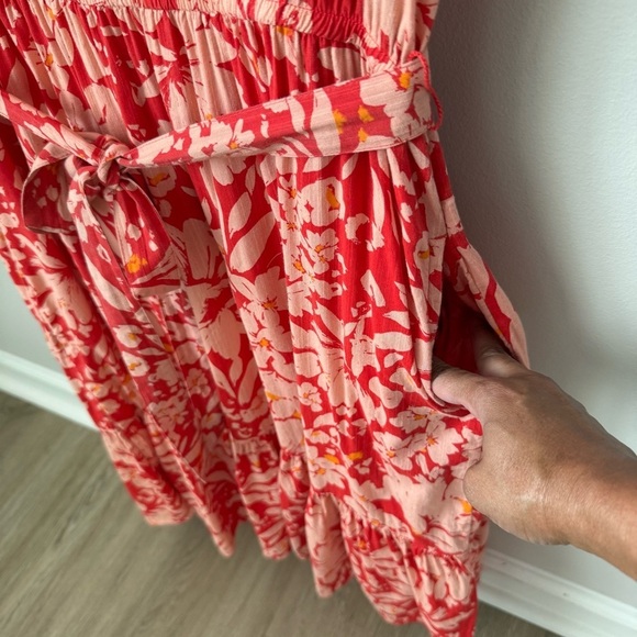 GAP Tiered V-Neck Floral Belted Dress Prairie Cottage Summer Orange Poppy Red M - Picture 6 of 11